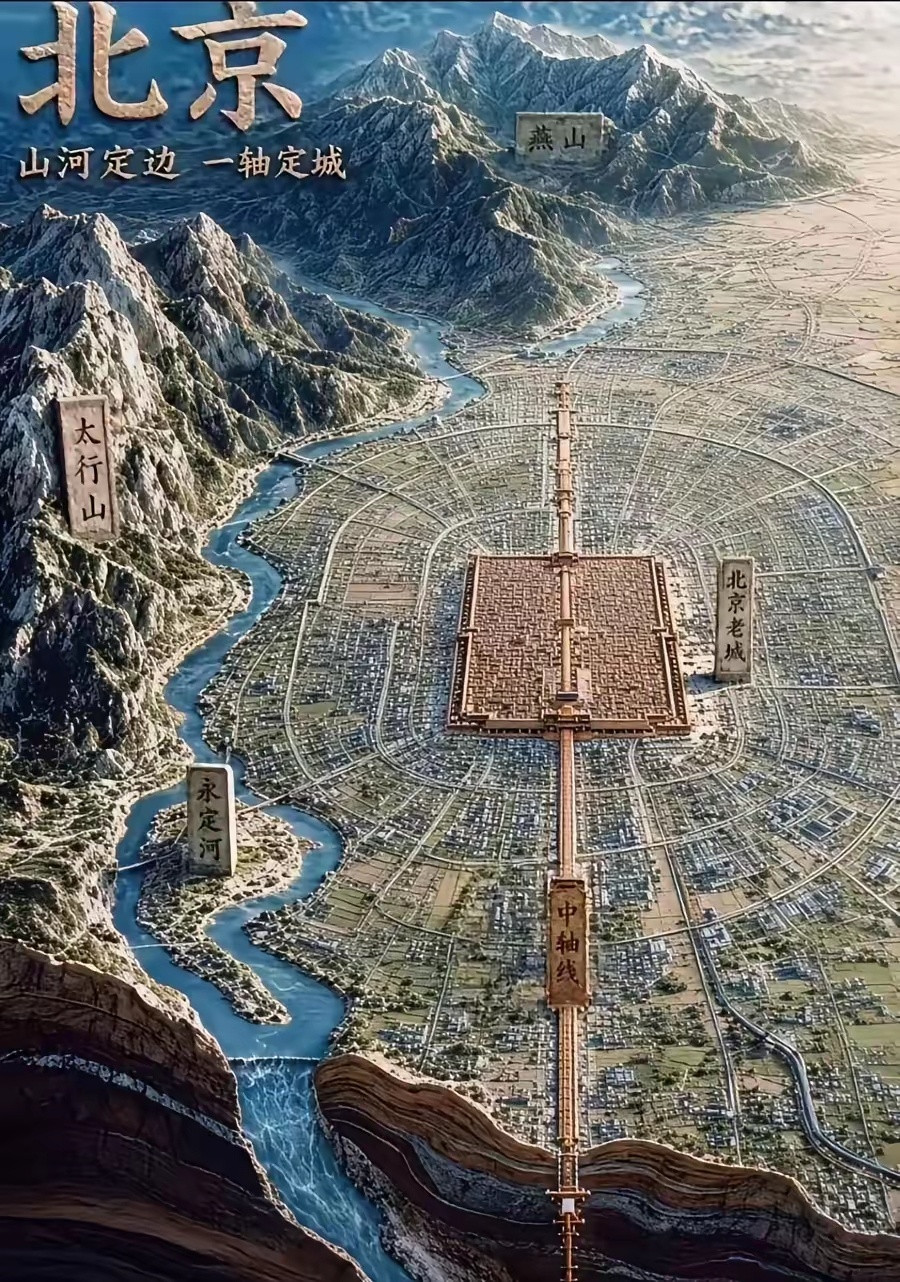 北京城真是个好地方，看立体地图就知道了，北燕山、西太行山，永定河，向南敞开华北平