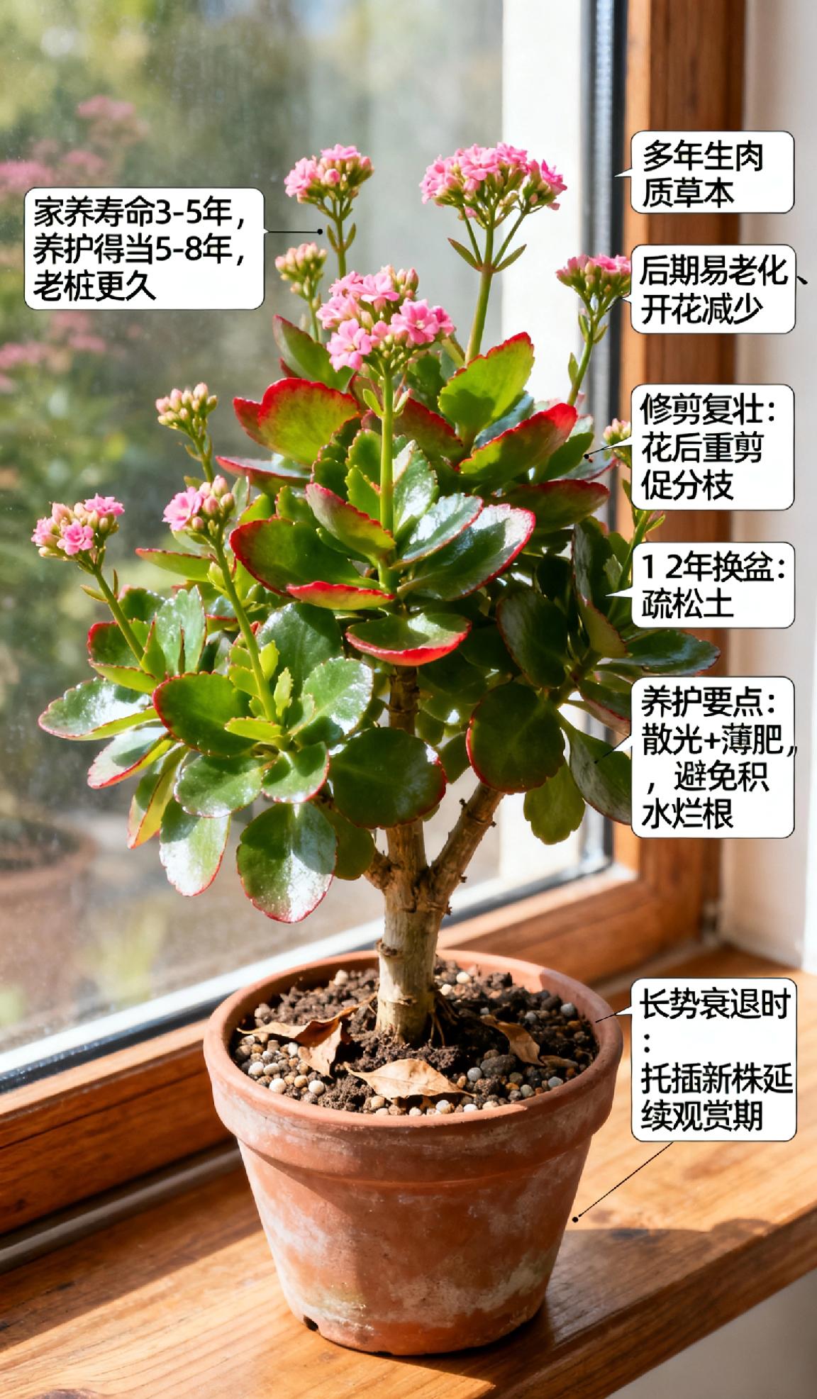 长寿花的寿命有多长长寿花盆栽家养寿命通常3-5年，养护得当能延至5-8年，老桩养