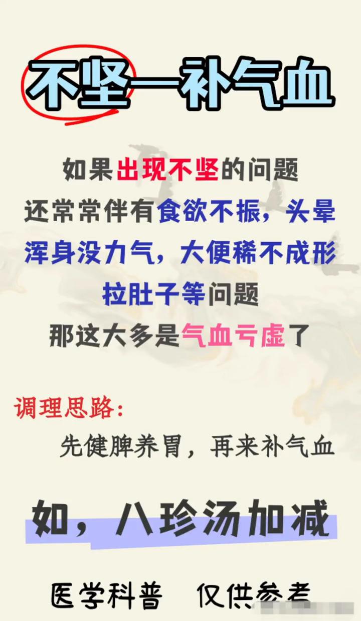 不久一填肾精。如果出现不坚的问题，还常常伴有食欲不振、头晕、浑身没力气、大便稀