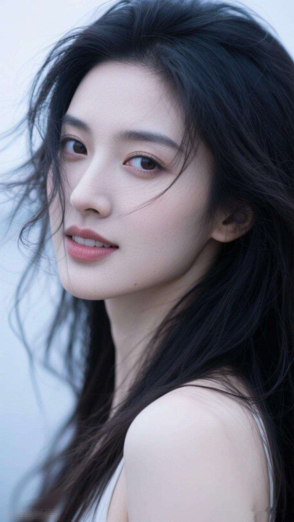 温柔黑发少女，微风轻拂发梢，清新自然之美。