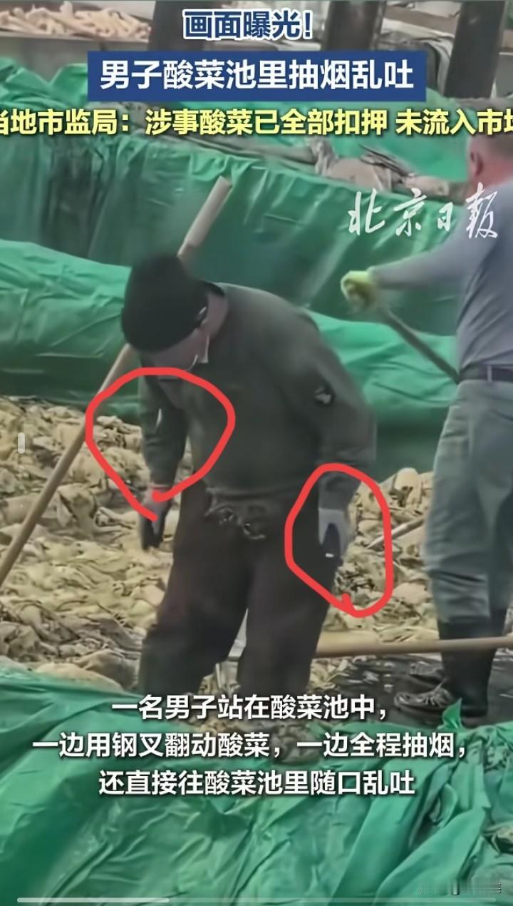 这下出名了不仅辽宁,全国都知道了辽宁兴城一家腌菜厂工人不但在酸菜池子里抽烟,