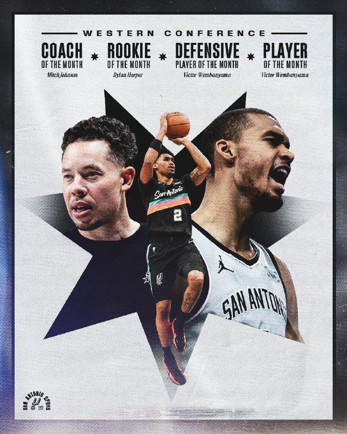 2月份的马刺队：大丰收！西部月最佳球员：文班亚马西部月最佳防守球员：文班亚马