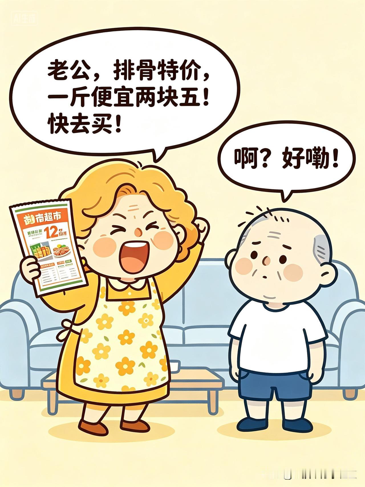 老婆拿着超市海报喊：“老公，排骨特价，一斤便宜两块五！快去买！”老公骑电动车