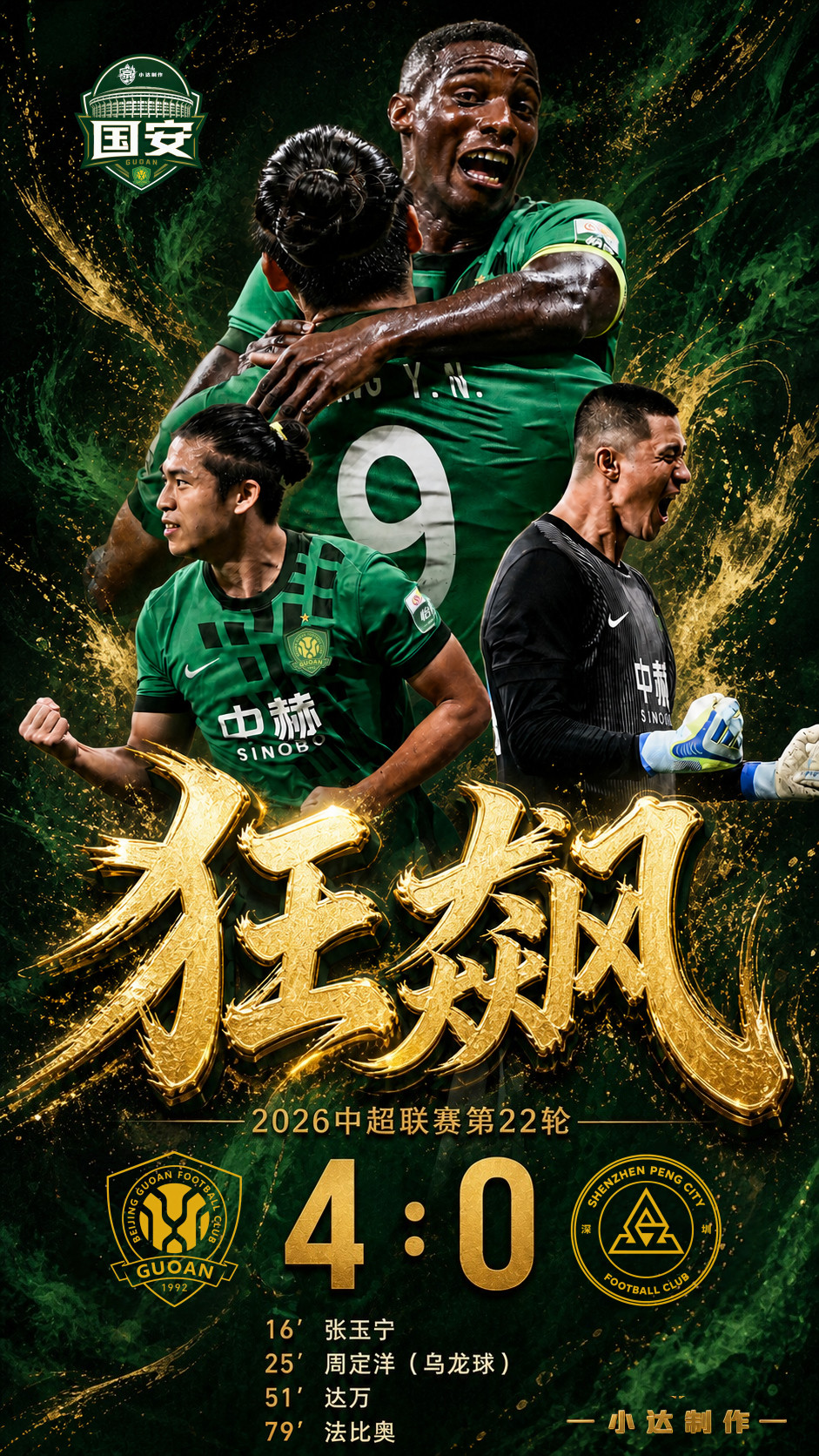 北京国安💚【京深·赛后海报】主题：狂飙有些胜利，会被写进一座球场的年轮里。8