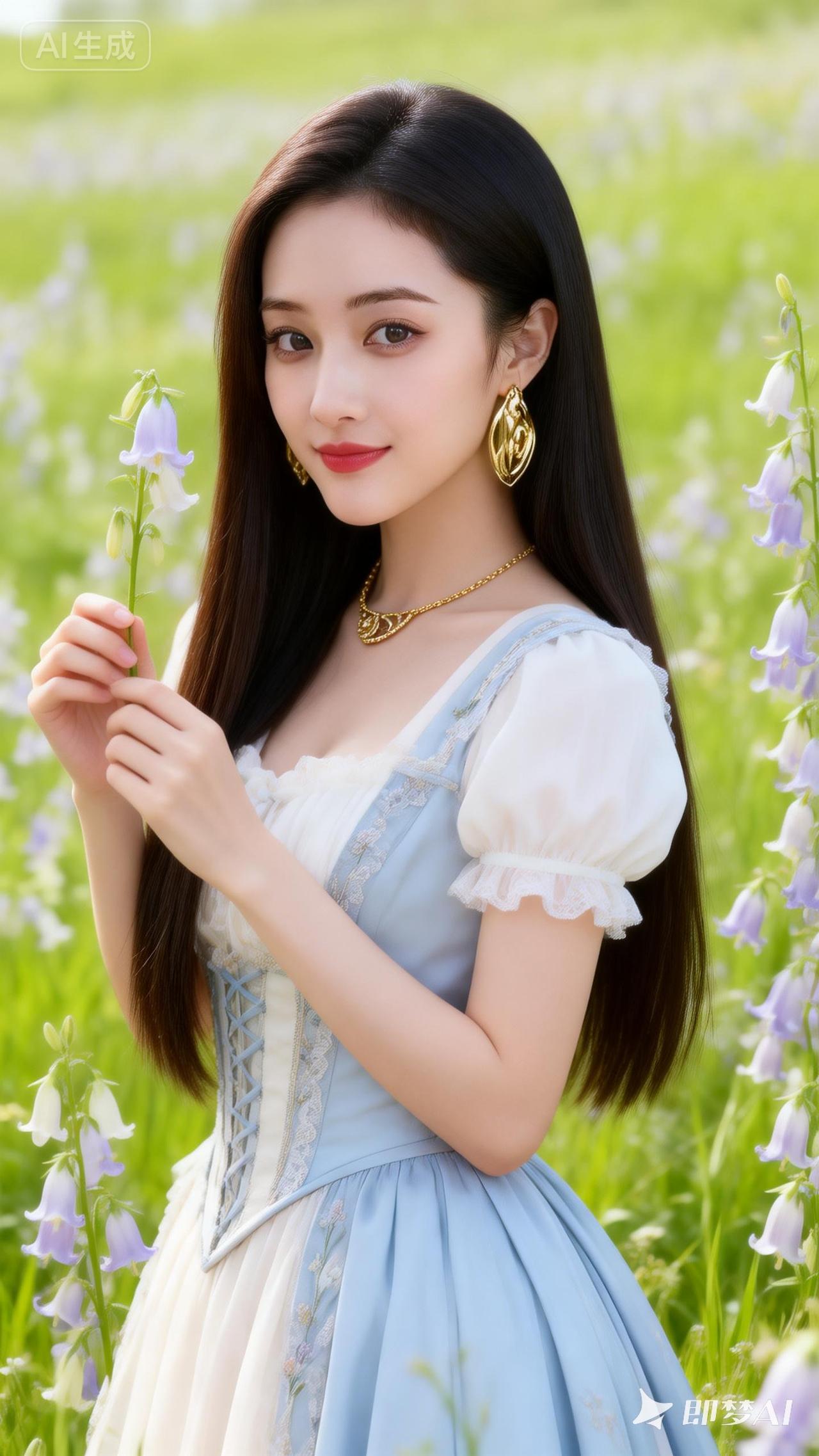 梦幻蓝裙少女，花海中的童话公主🌸👗💖