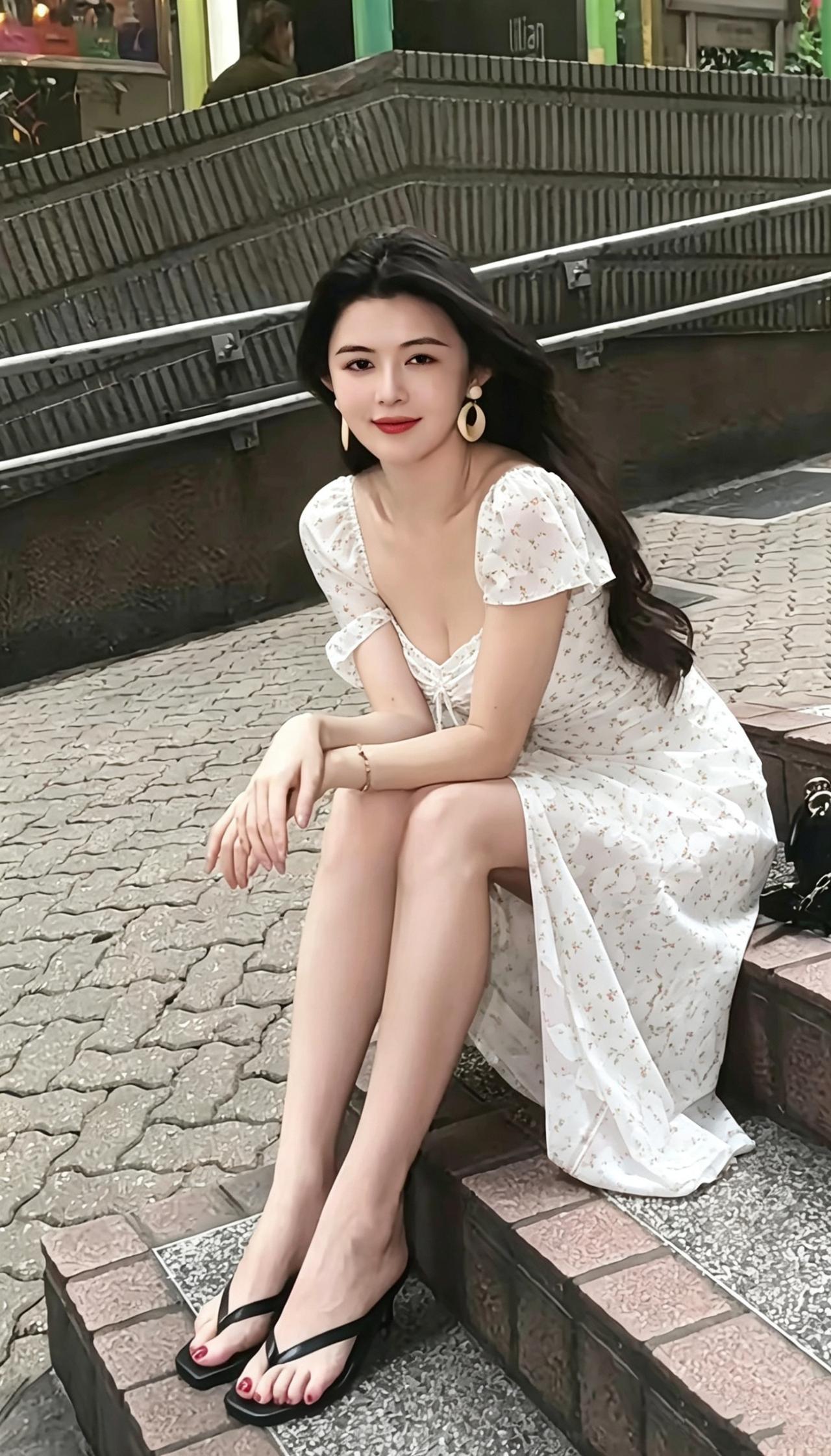 《阶上白裙》石阶的纹路托着细碎的光风拂过发梢，也吻过裙上的花米白的碎花