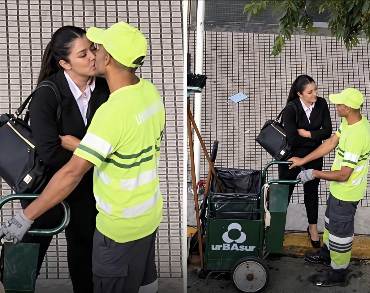 这是一张宣传跨越身份的爱情图片，男主人公是环卫工人，女方是职场白领，照片走红拉美