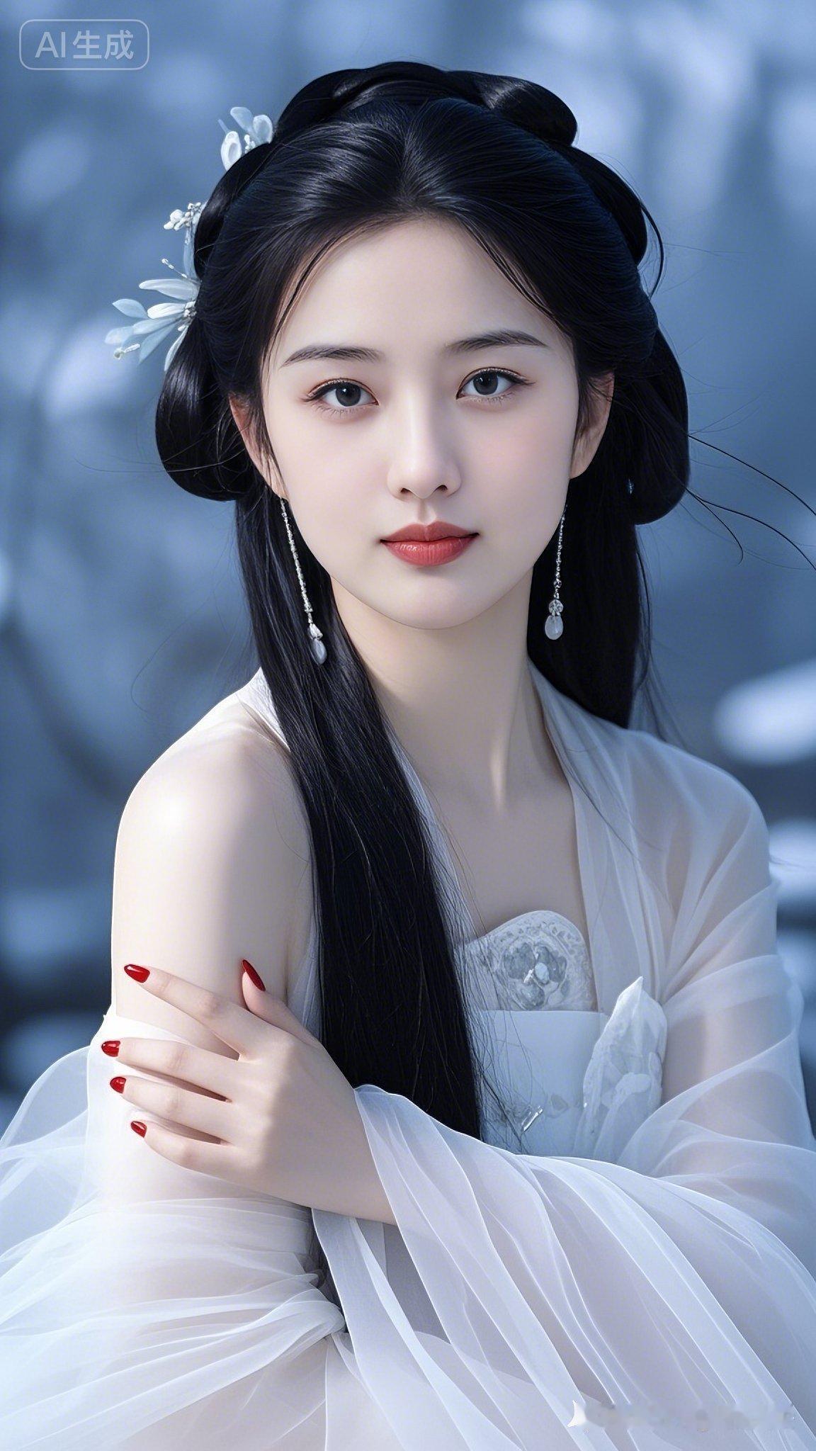绝色鹅蛋脸美人玉骨冰肌、肌肤胜雪，秋水般眼眸清澈明亮，黑褐长发及腰，额饰大红枝纹