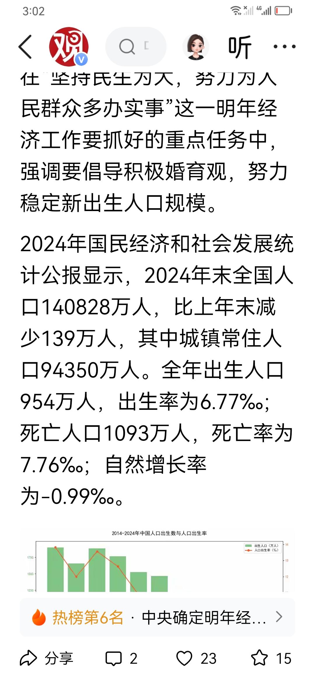 中央经济工作把人口问题提到重要地位。连续3年人口下降，老年人越来越多。影响社会