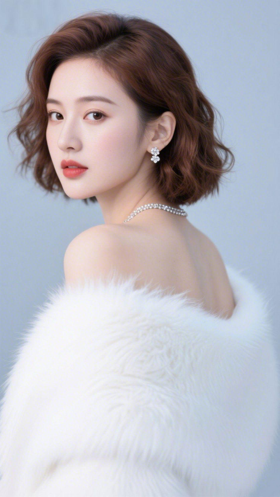 《绒白映浅光》浅灰背景似揉皱的雾，她侧转身时，绒白披肩先垂落肩头——软毛轻