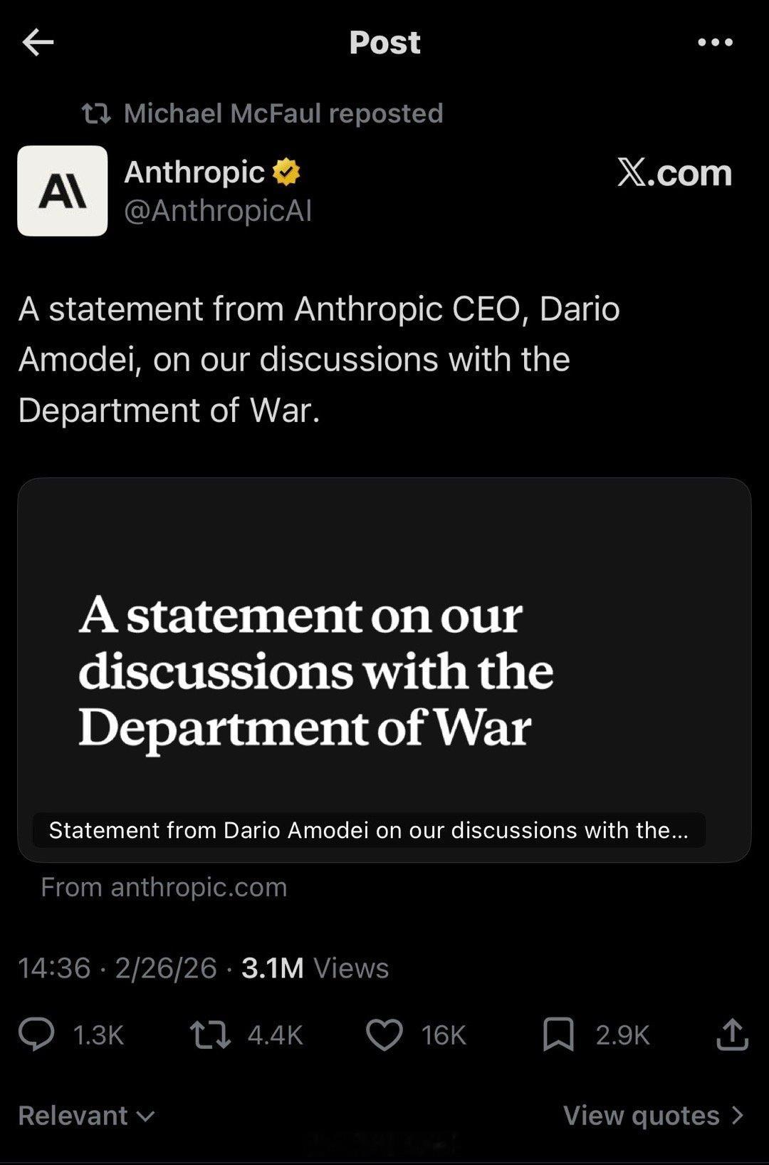 AnthropicCEO阿莫代就公司与国防部讨论的声明：我深信利用人工智能保卫