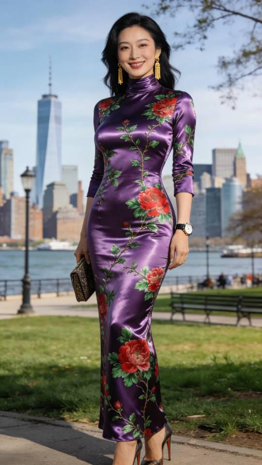 紫色旗袍裙女子国外景点摆拍。旗袍旗袍裙紫色旗袍