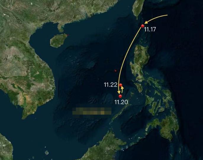 华盛顿号航空母舰持续在黄岩岛附近海域活动，11月22号位于黄岩岛东南约200公里