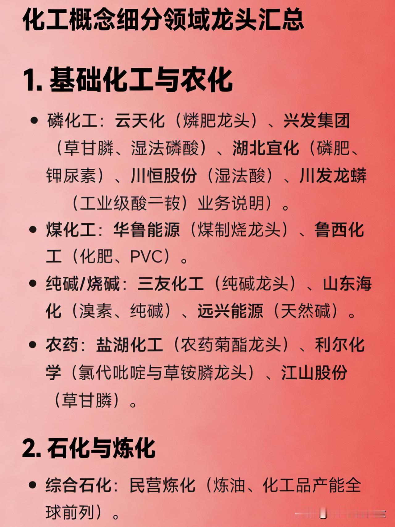 化工概念细分领域龙头汇总1.基础化工与农化磷化工：云天化（磷肥龙头）
