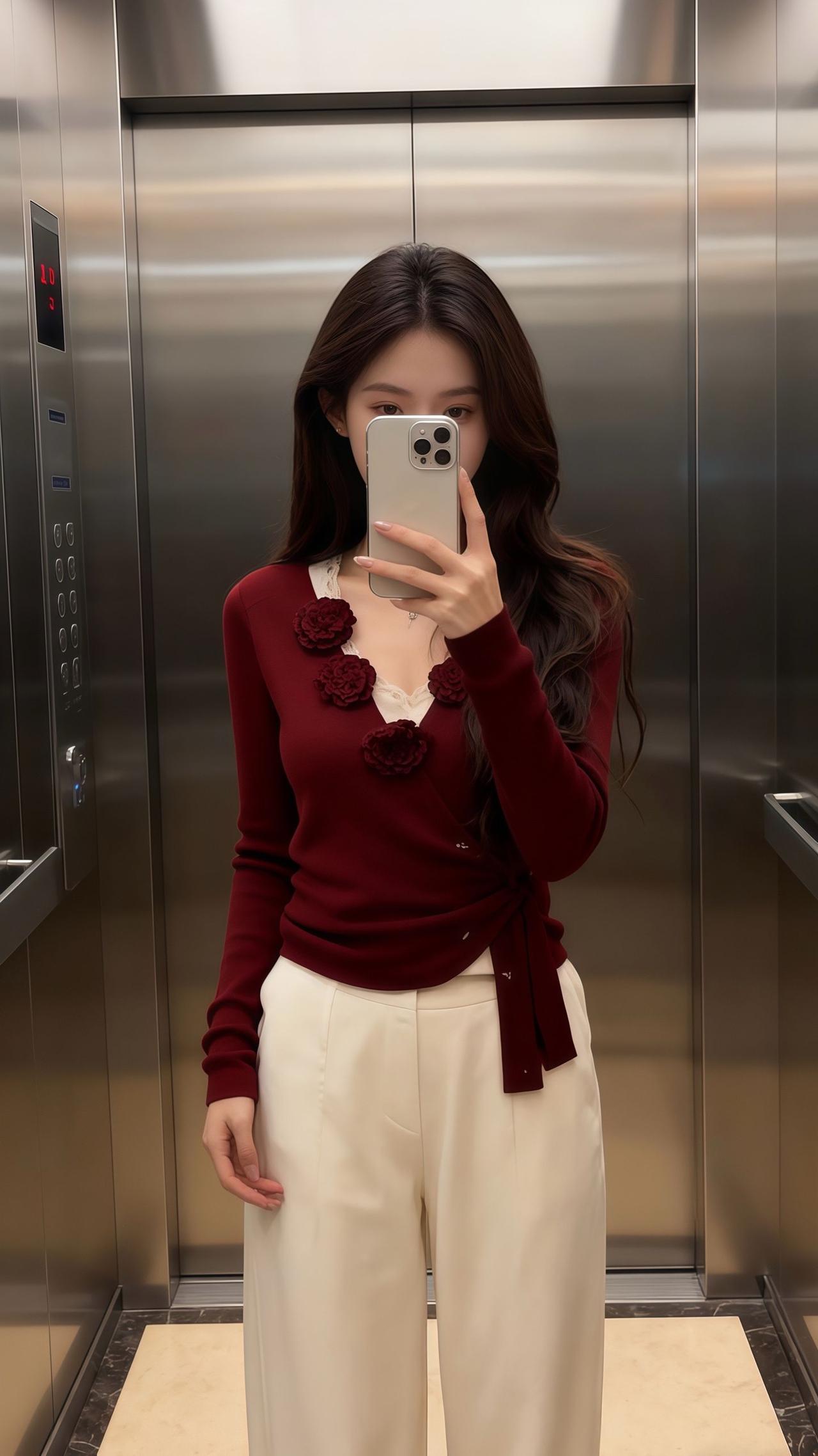 电梯自拍，红衣少女，时尚穿搭