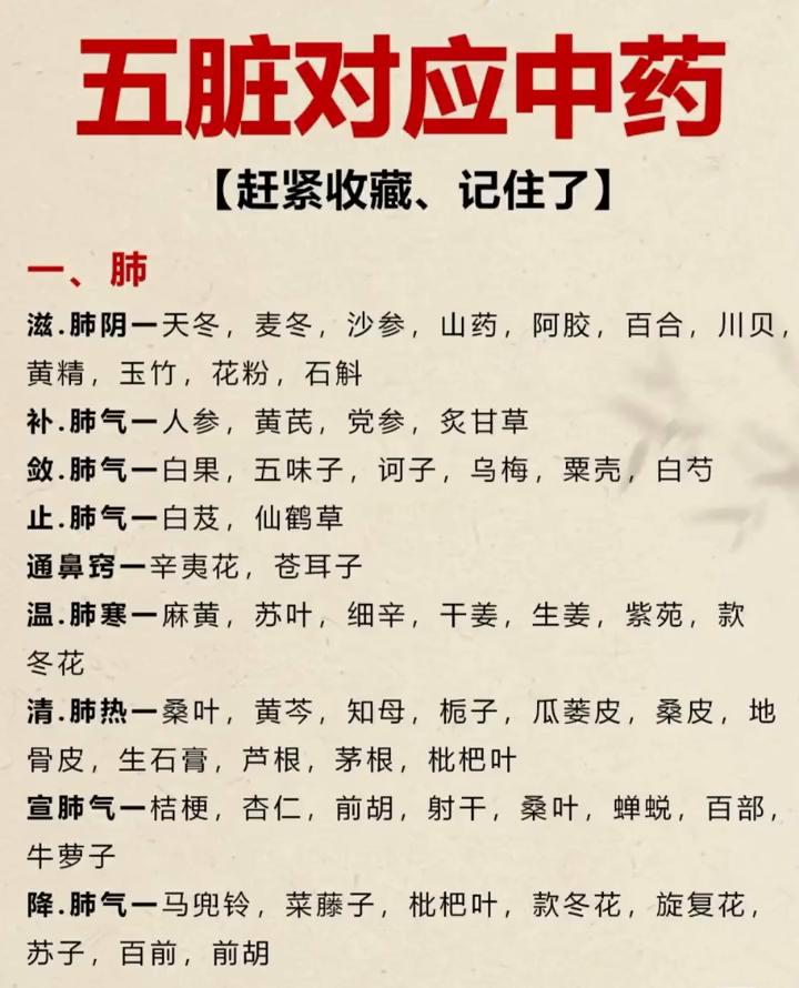 五脏对应中药。赶紧收藏、记住了。·滋.肺阴一天冬，麦冬，沙参，山药，阿胶，百