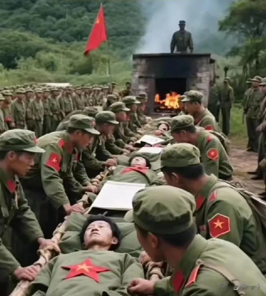 1984年4月28日，收复老山战役中牺牲烈士的遗体等待登记整理。官兵们逐一核对签