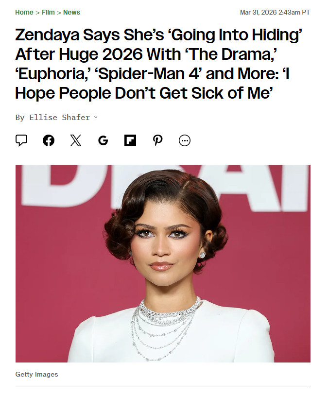 赞达亚打算暂别影坛据报道，赞达亚（Zendaya）今年有《爱情抓马》、《亢奋》