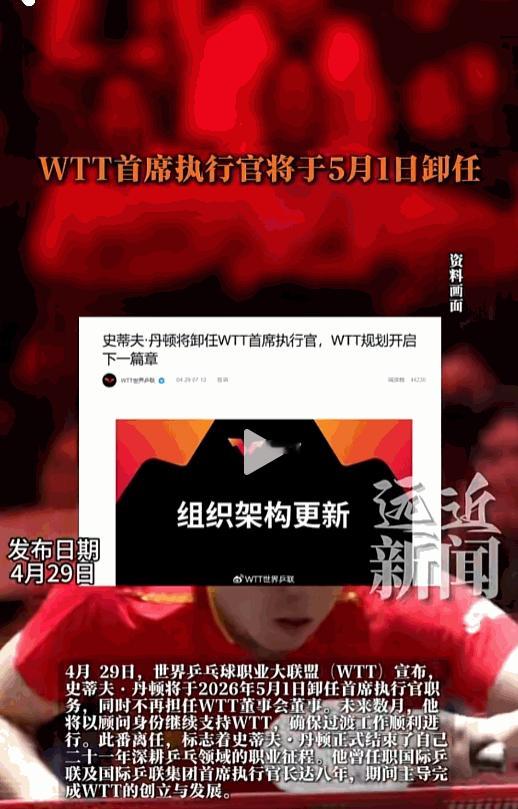乒坛突发大震动！WTT“掌舵人”史蒂夫・丹顿官宣卸任！4月29日，WTT正式宣布