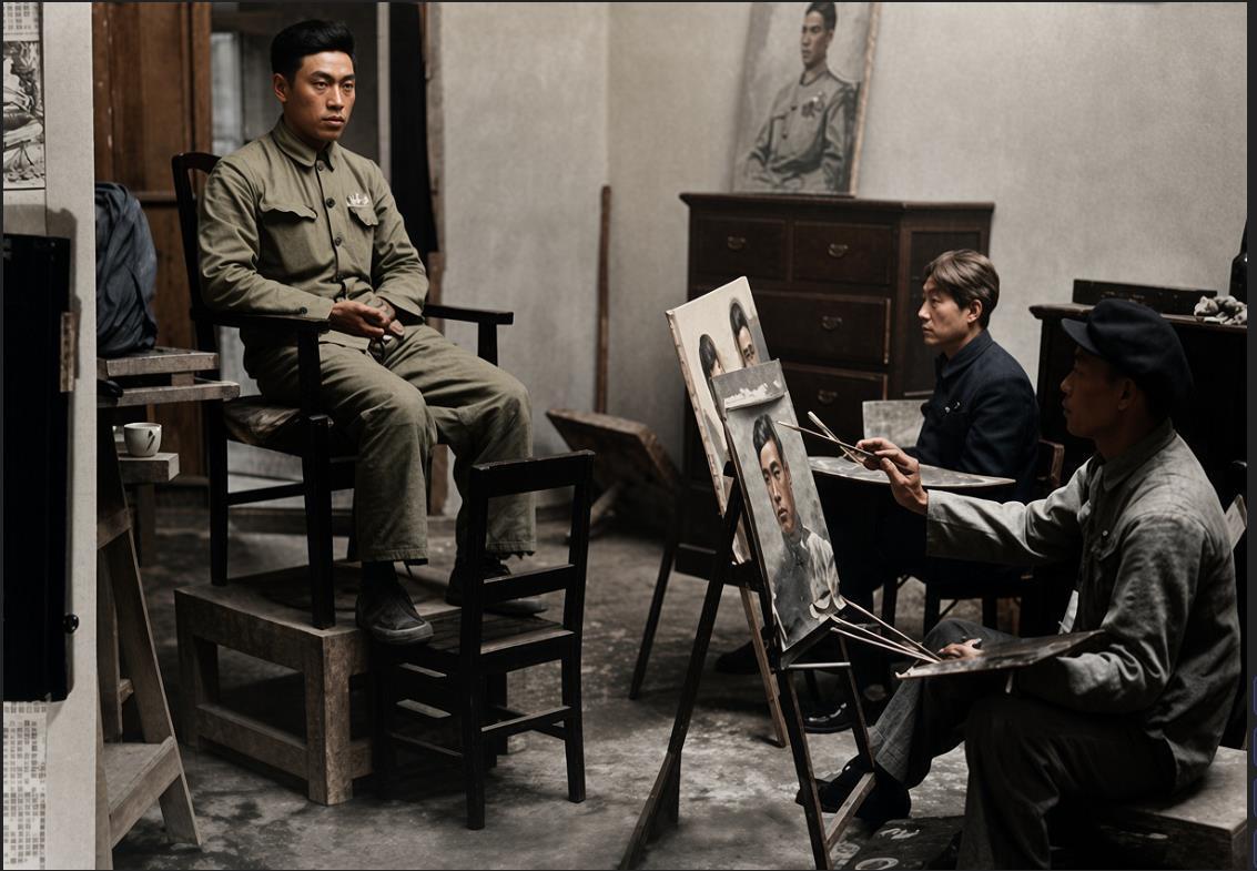 1950年，北京，徐悲鸿在中央美院画室为战斗英雄苟富荣画像。左侧身穿军装、端坐在