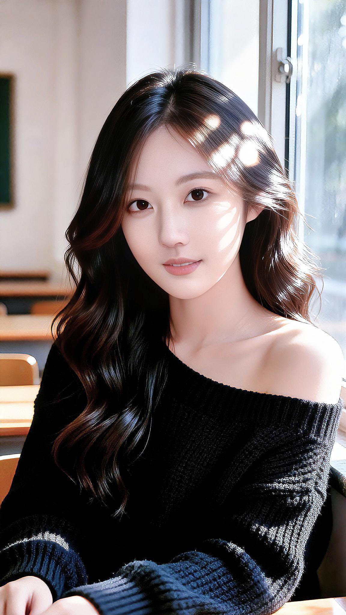 阳光洒进教室，少女静坐沉思，黑发如瀑，温柔如水。