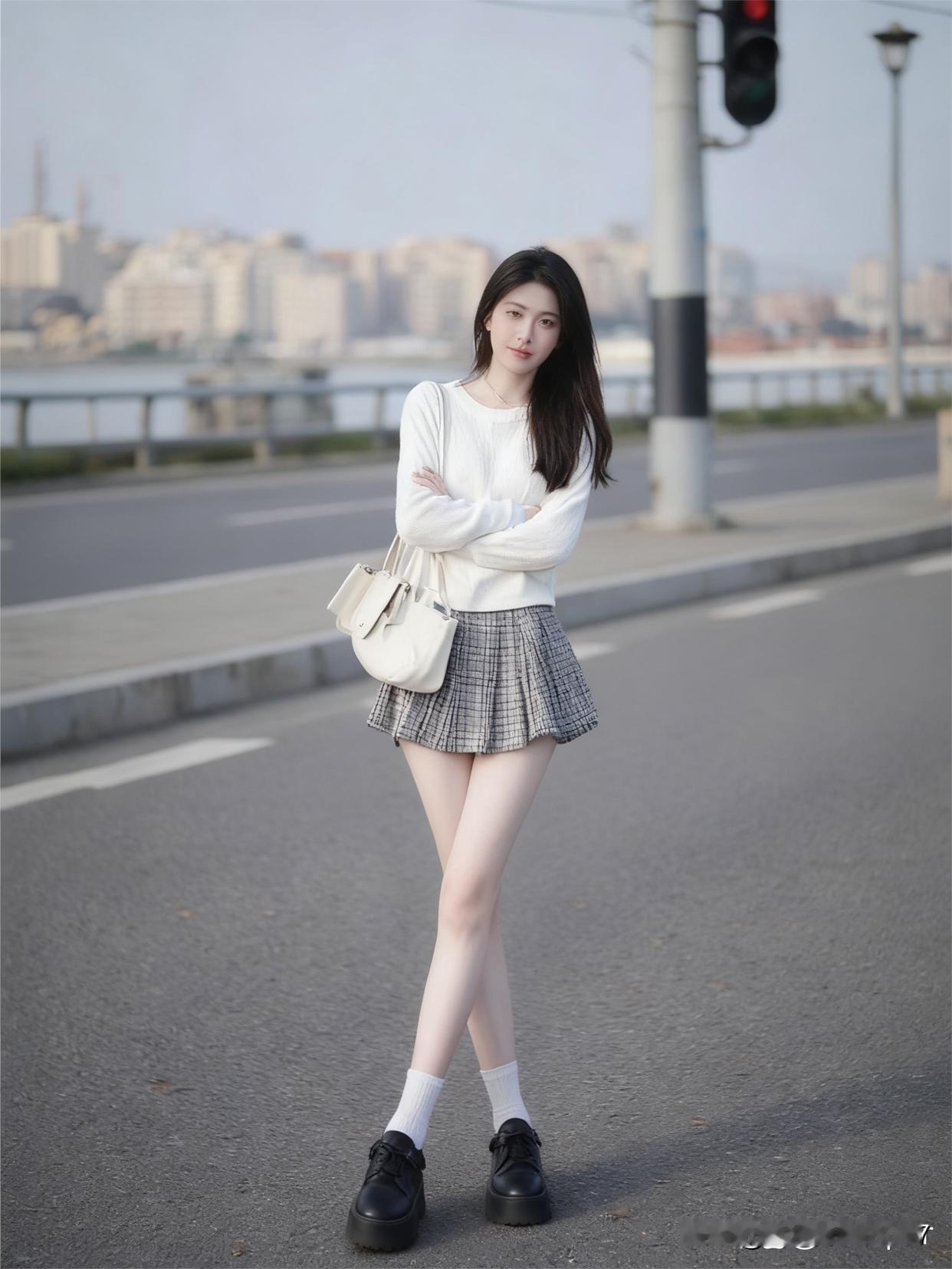 青春洋溢的街头少女，总能用穿搭点亮城市街头。就像那个穿白色毛衣搭格纹短裙的少女，