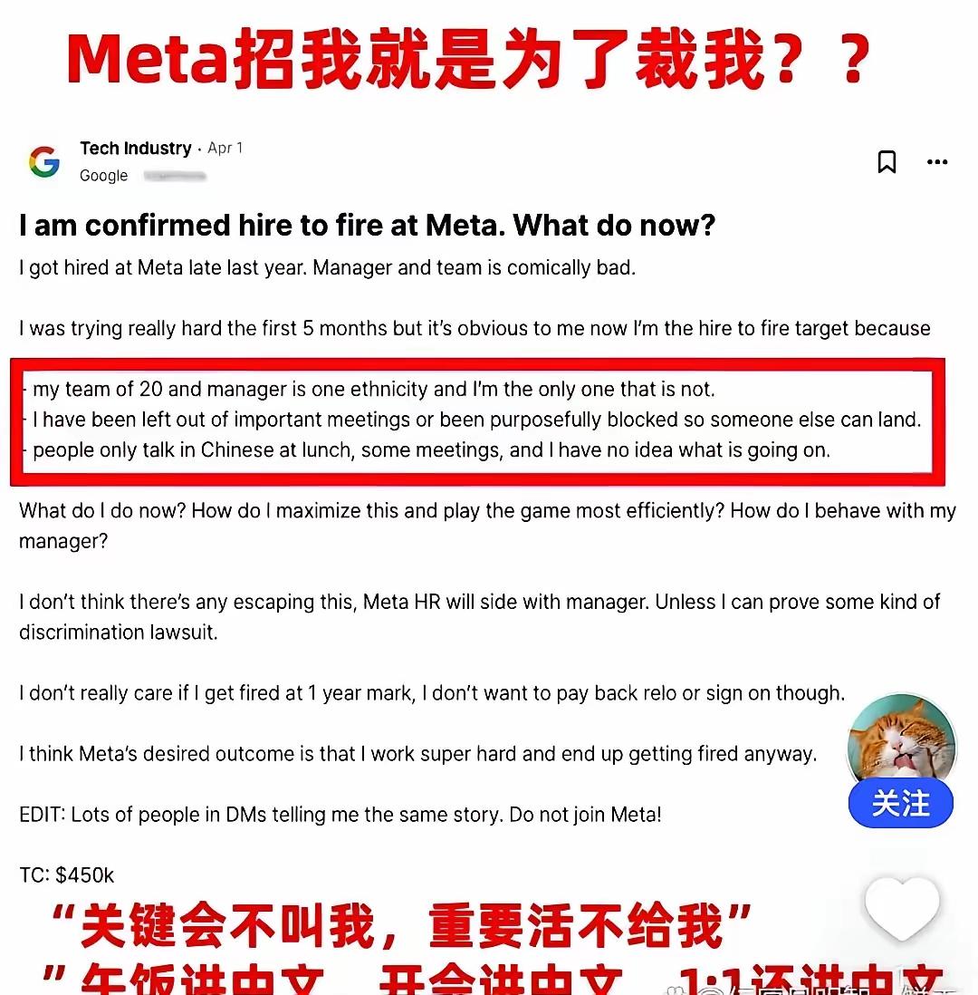 一位刚加入Meta不久的印度员工抱怨，所在团队包括经理在内共20人全是华人。团队