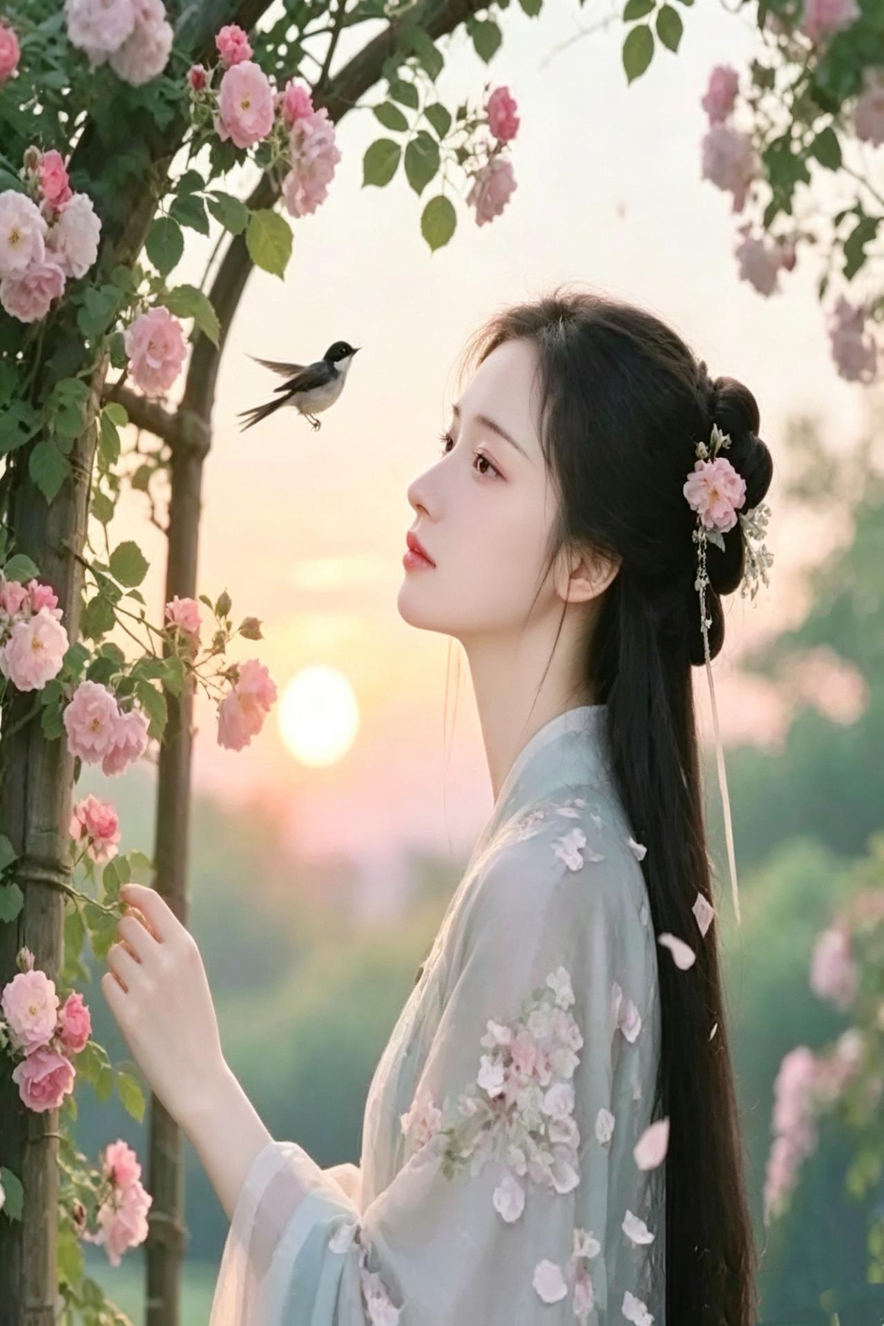 迟暮花架下晚花垂露惹衣香，斜日穿林影半长。素手轻拈枝上艳，柔眸遥趁雁边光