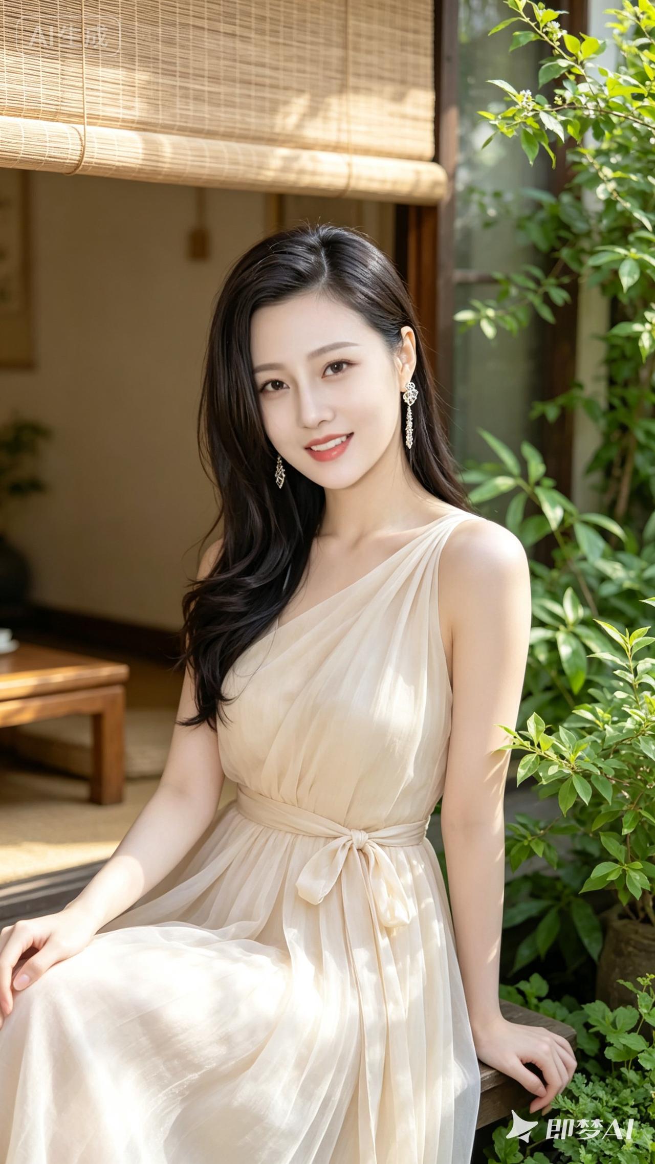 温柔优雅的夏日穿搭，浅色系连衣裙搭配自然背景，尽显清新气质。