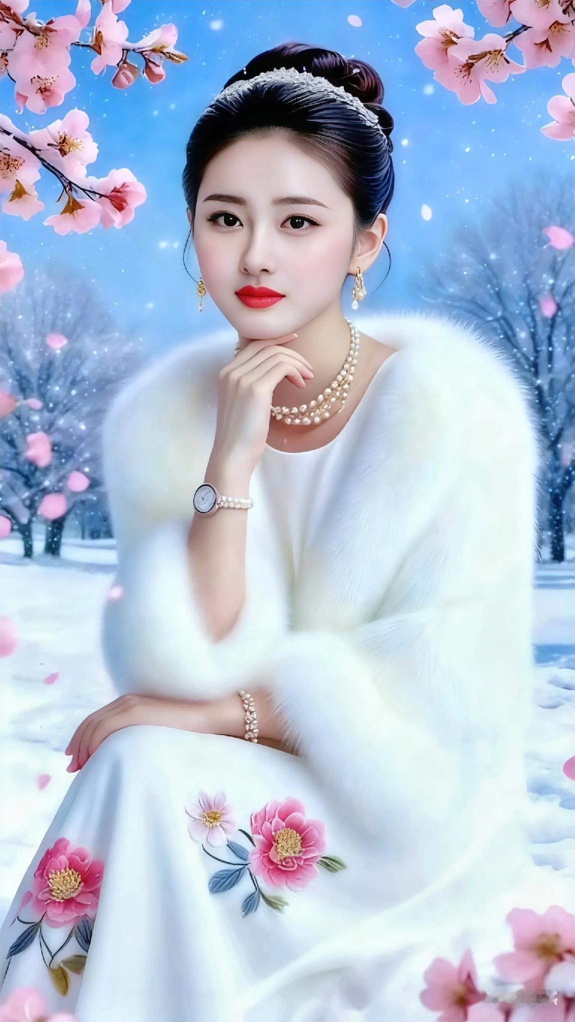 冬日仙境中的优雅美人，粉花雪景中的梦幻时刻。粉花长裙粉花裙写真冬日粉系