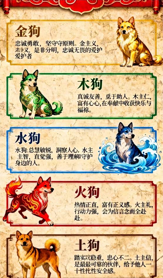 老话说“金狗忠义，木狗富仁，水狗智敏，火狗勇烈，土狗踏实”，此言并非毫无道理。