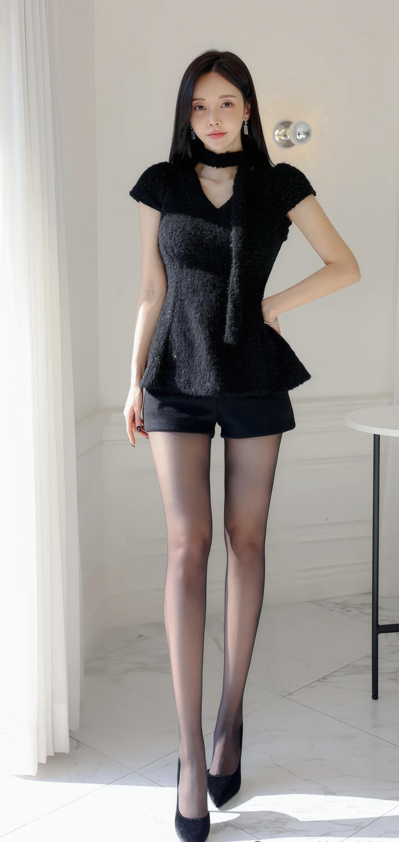 黑色短款上衣搭配黑色短裤，尽显时尚与优雅。