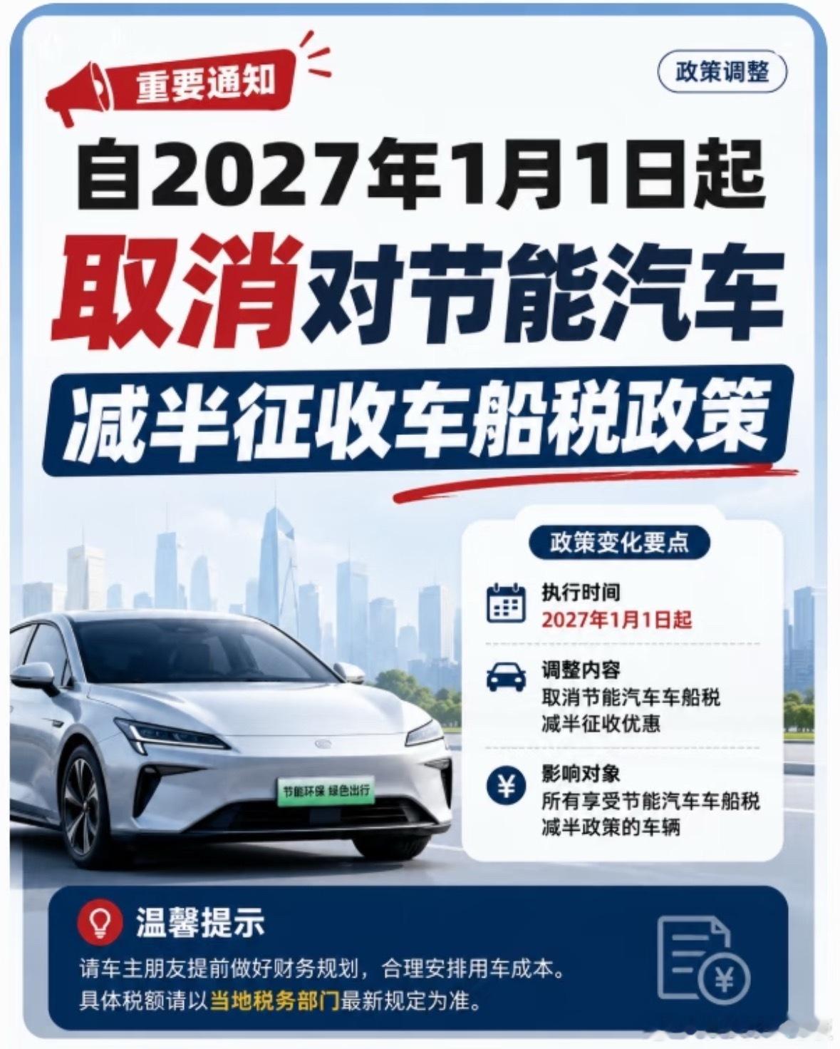 重要通知！明年起节能车车船税优惠没了⚠️2027年1月1日起，节能汽车车船税减半