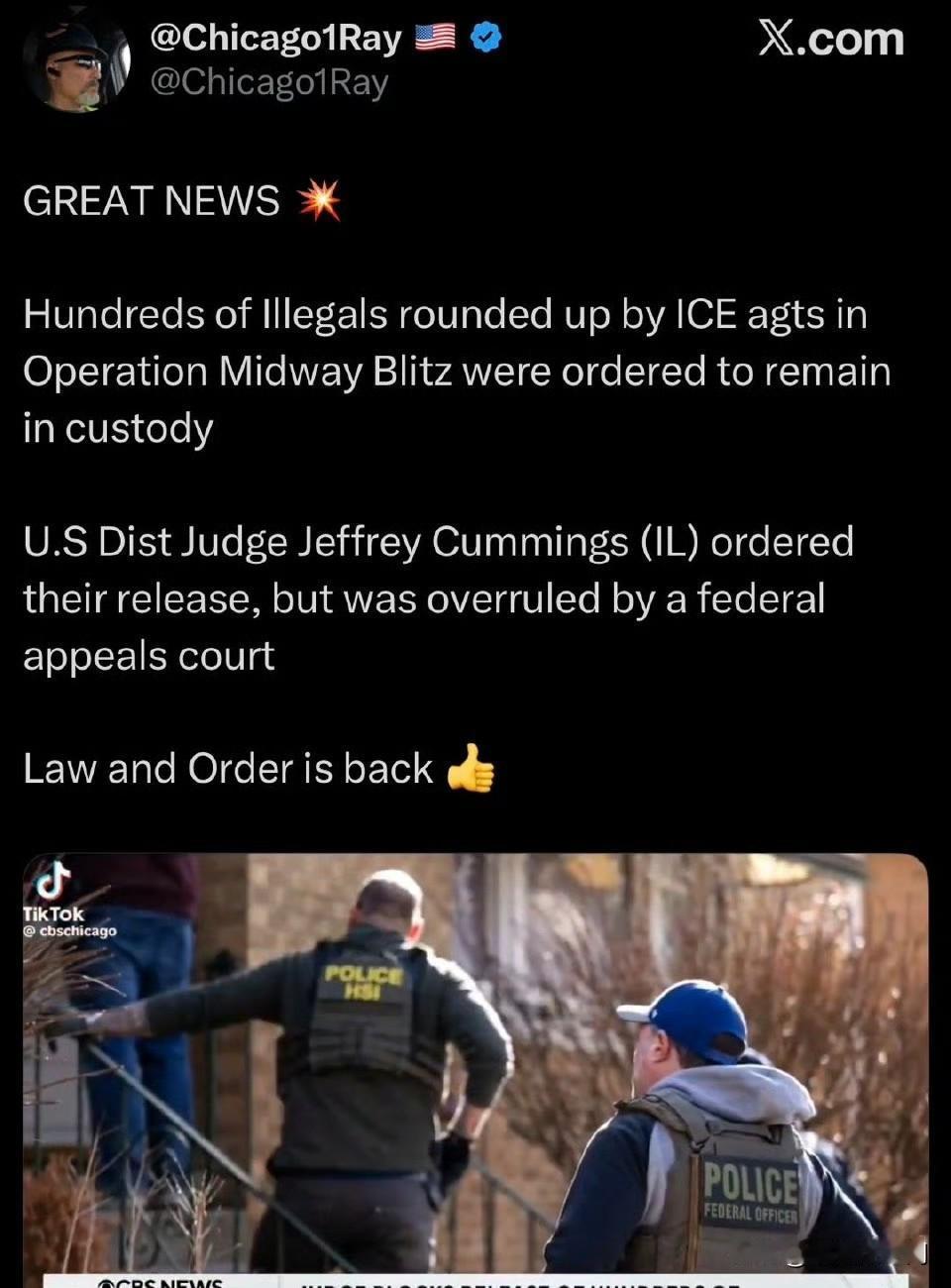 联邦执法人员抓捕几百名非法移民，一个法官命令释放，上诉法院否决了这个法官的命令。