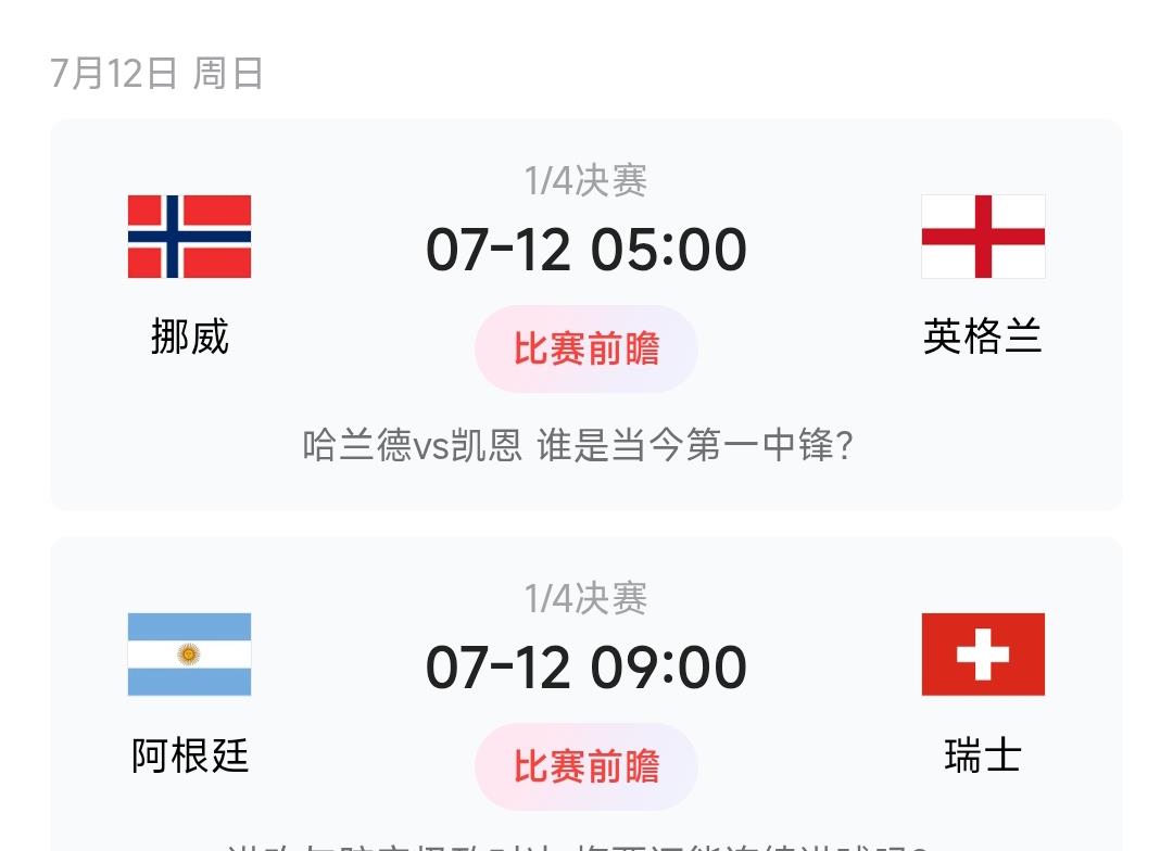 大胆预测一下7月12日两场淘汰赛的结果——​​第一场，挪威VS英格兰。一个是