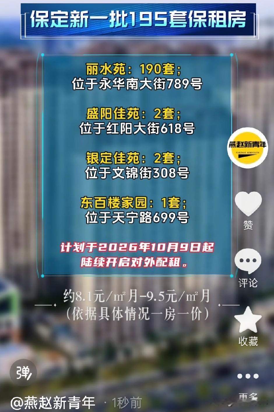 保定新一批195套保租房要来了，涉及莲池区这四个小区，计划于2026年10月9日