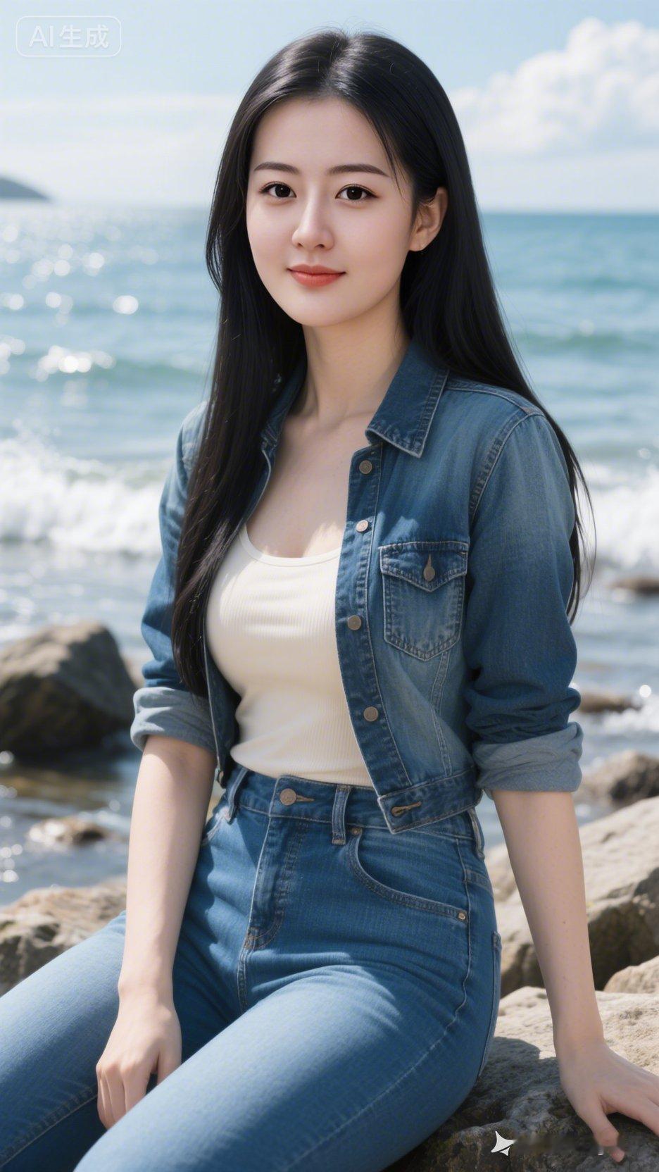 海边少女穿搭指南，牛仔与海浪的完美融合🌊💙
