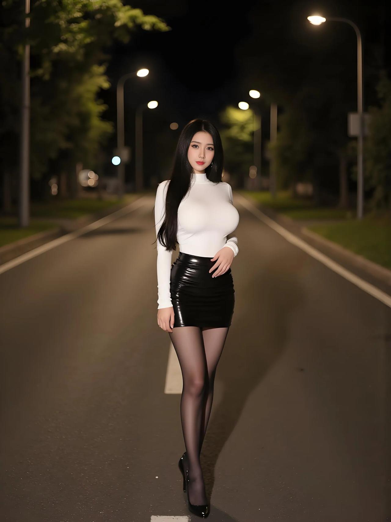 夜幕垂落，白衫裹着曲线，黑裙衬着风骨，在光影里踏出成熟的韵律。高雅气质美女性感