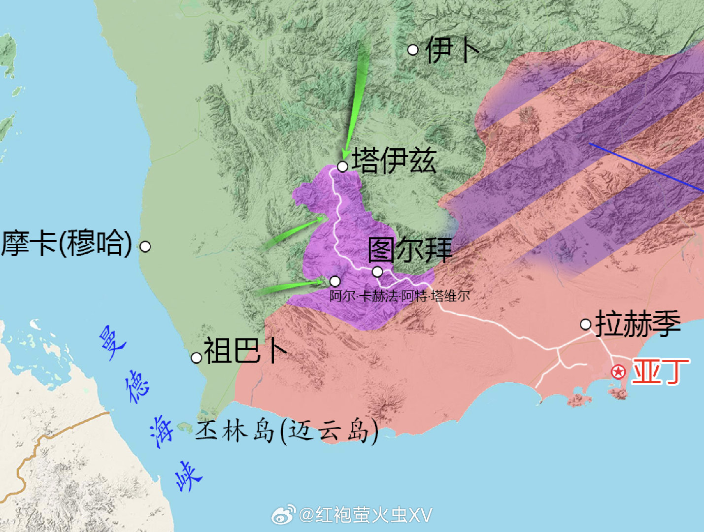 #也门内战#政府军（PLC）控制下的塔伊兹有被包围的风险。塔伊兹至图尔拜公路是唯一一条尚未被切断的补