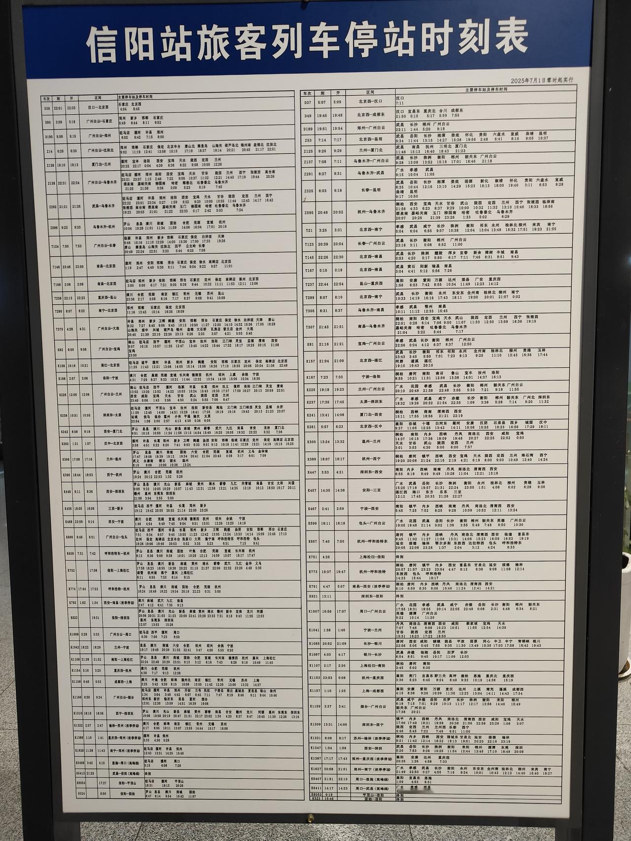 信阳火车站停靠车次时刻表