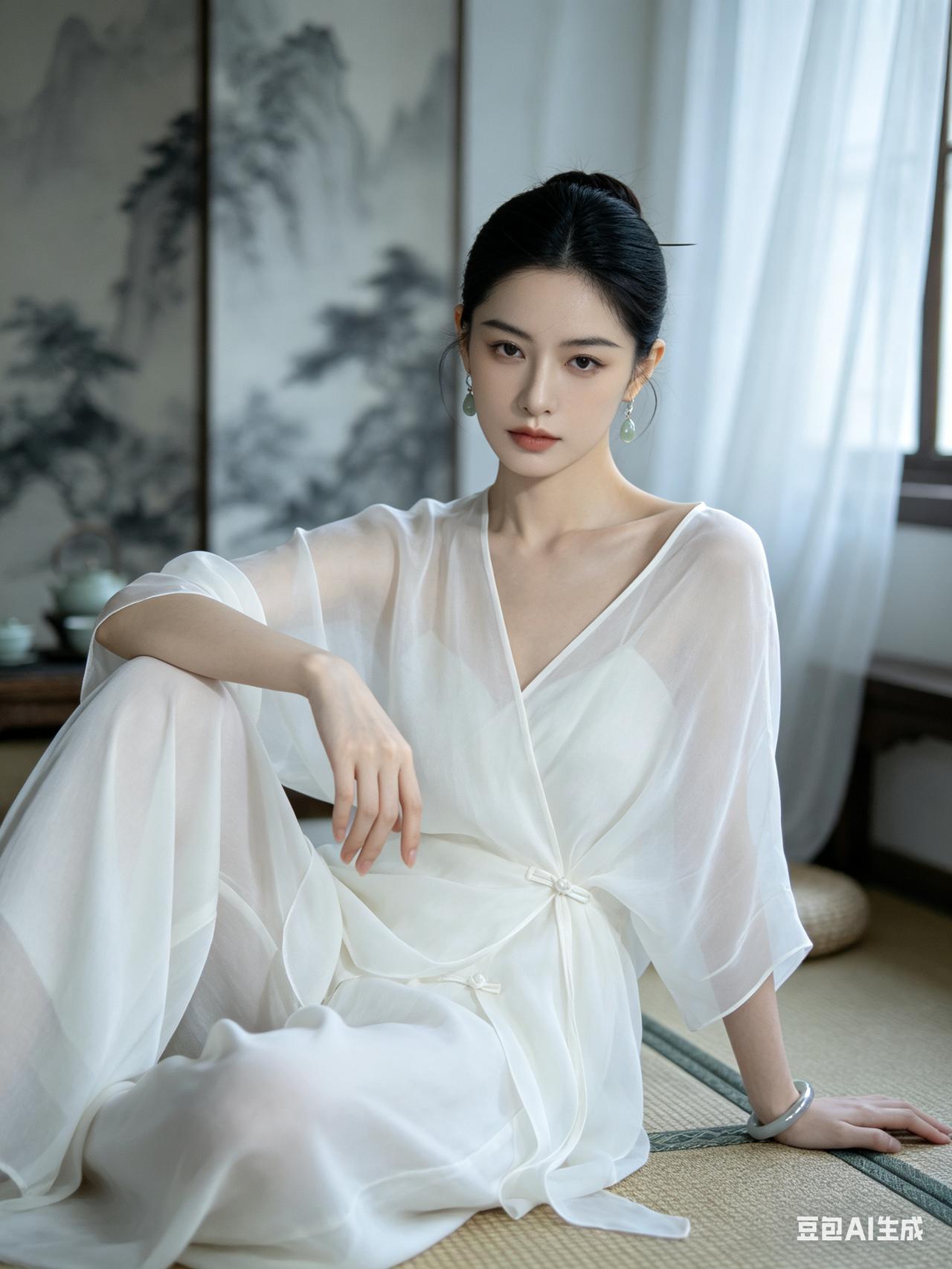 东方女子盘发露额颈，裸妆沉静直视镜头。月白真丝斜襟套装配玉髓耳饰银镯，席地微侧而