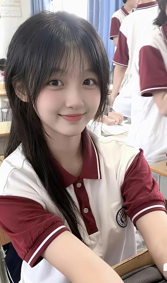 这个女生在教室里笑得很甜。少女感笑容校园里的小女孩治愈系校园生活教室美女