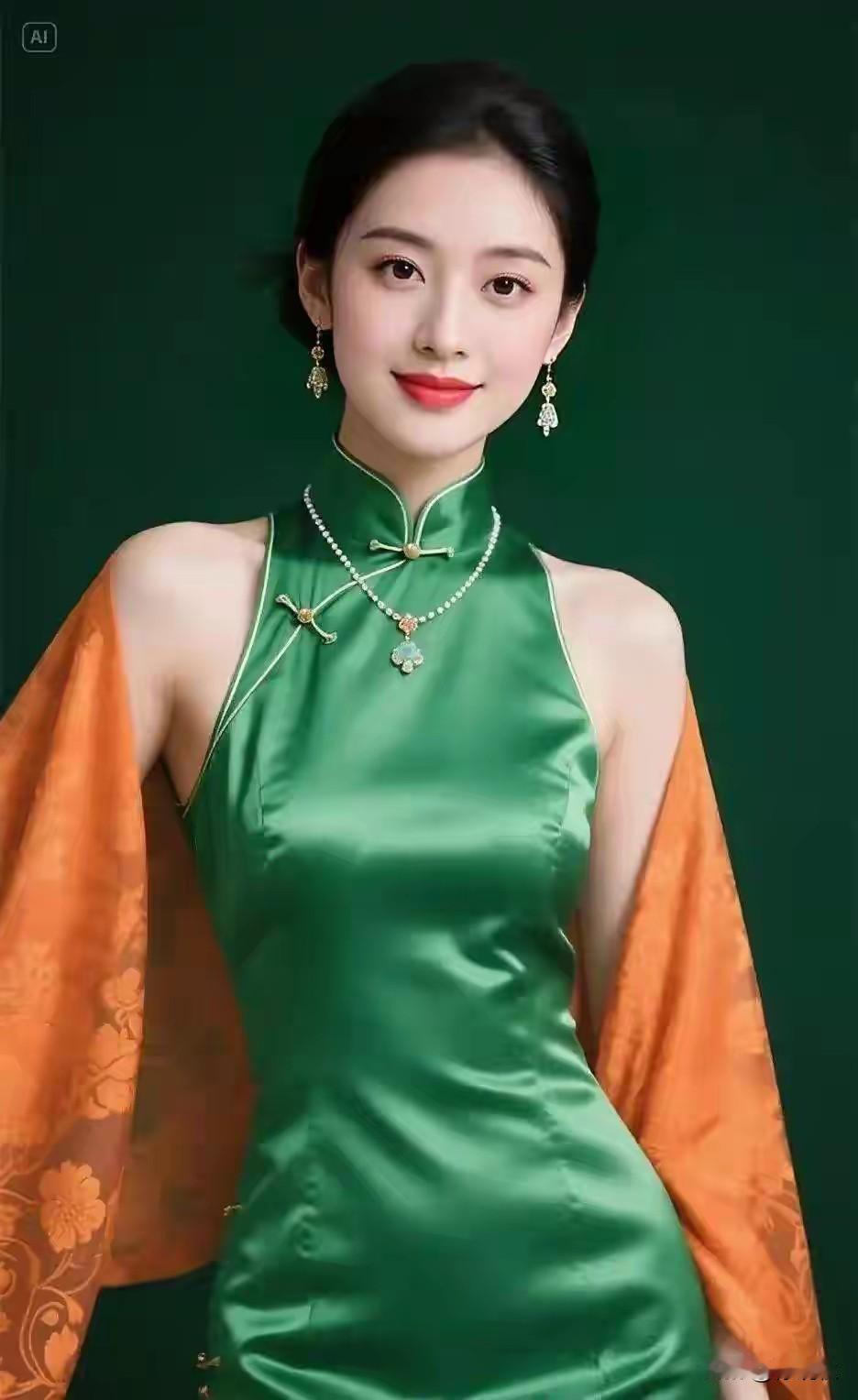 绿色旗袍，橙色披肩千娇百媚，雍容华贵花容月貌，仪态万方国色天香，出水芙蓉