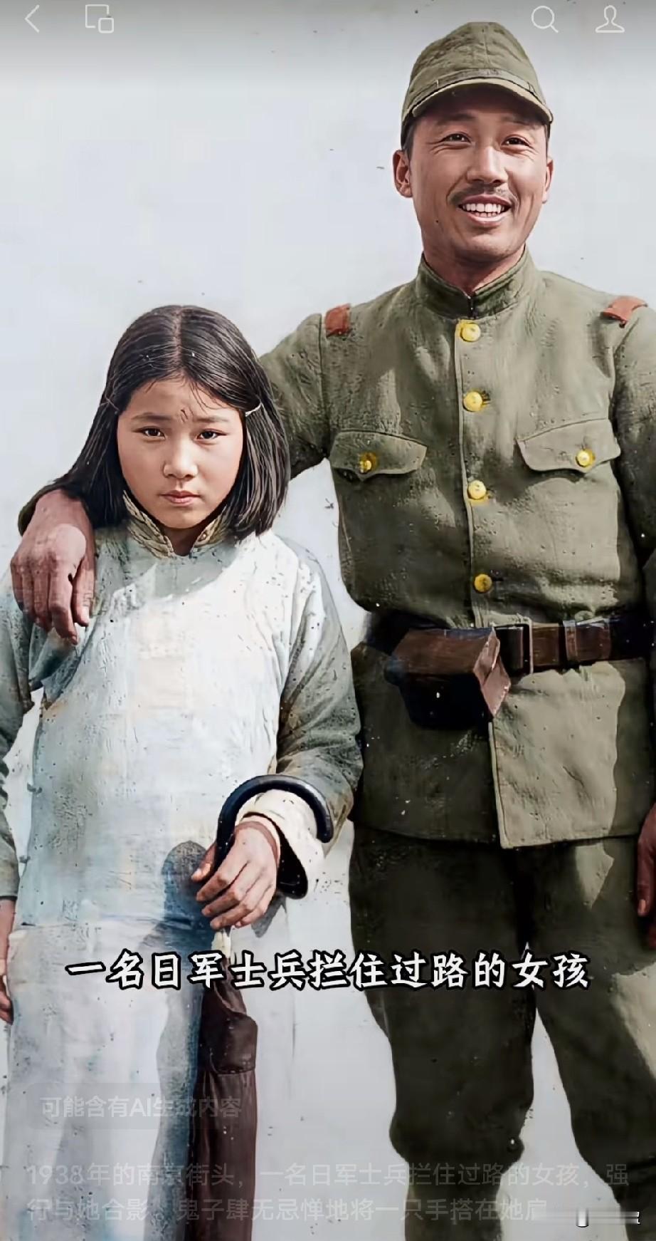 1938年的南京街头，一名日军士兵拦住过路的女孩，强行与她合影。鬼子肆无忌惮地将
