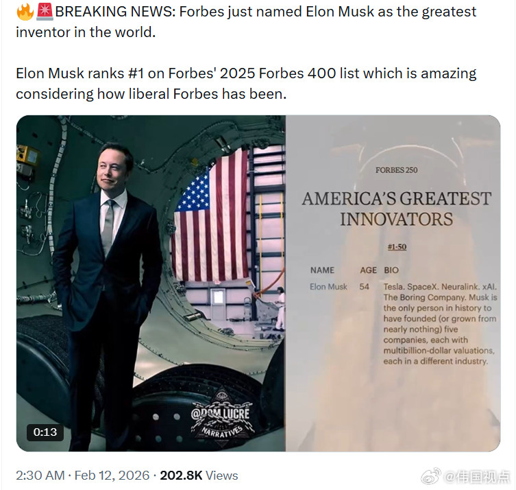 《福布斯》刚刚评选埃隆·马斯克为全球最伟大的发明家。在《福布斯》2025年