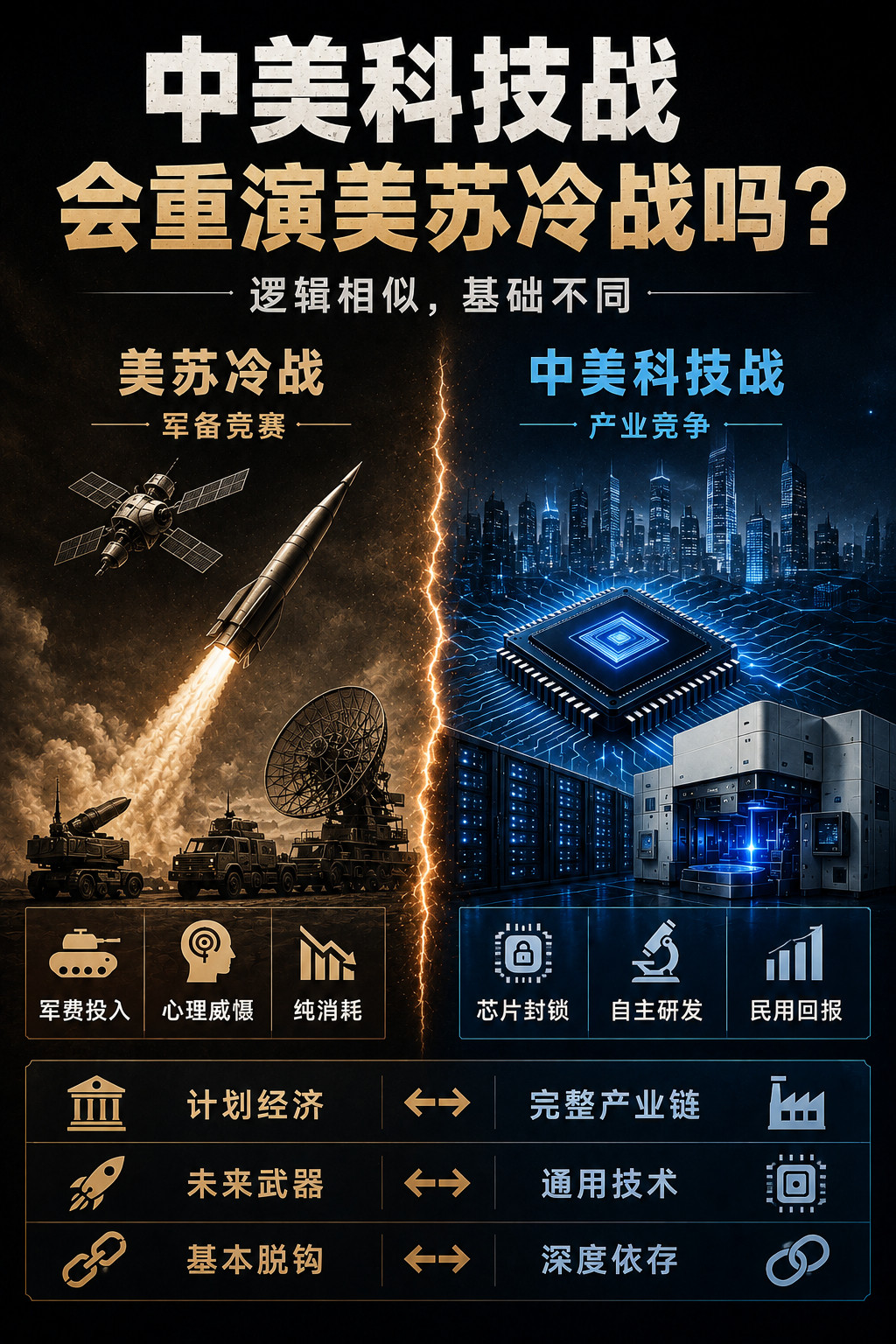 有人说中美如今的科技对抗，类似美苏冷战时期的太空军备竞赛。Claude对此解读。