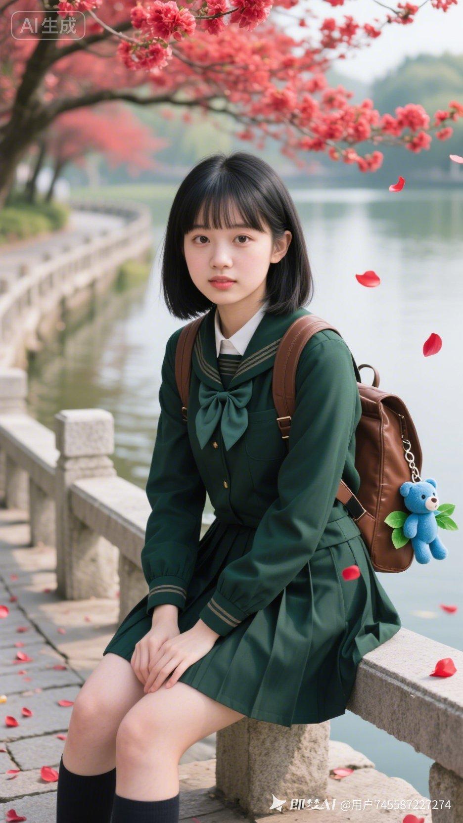 18岁娃娃脸少女，桃花眼柳叶眉，黑直发齐刘海。墨绿JK制服配棕双肩包，挂蓝小熊挂