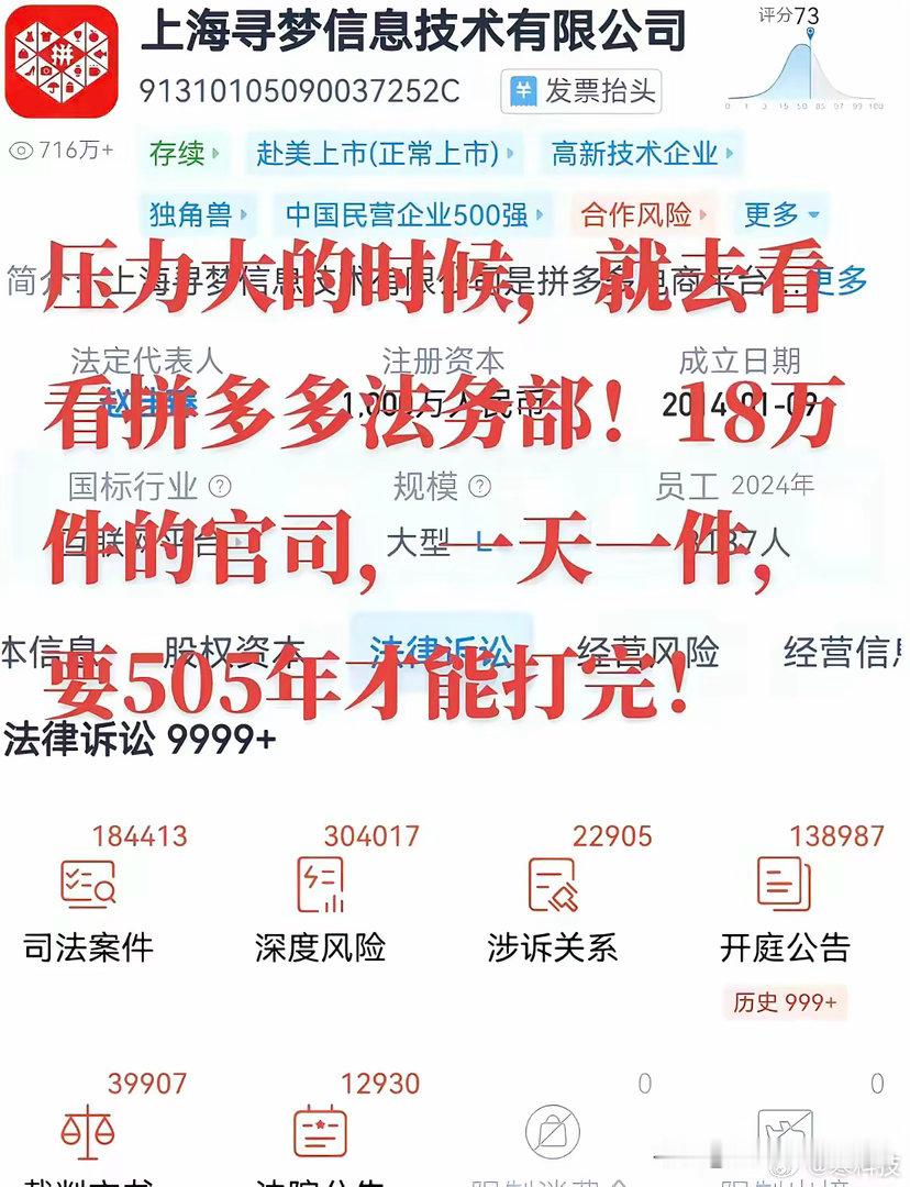 当你压力大的时候，去看看拼多多法务部，18万件的官司，一天一件，要505年才能打