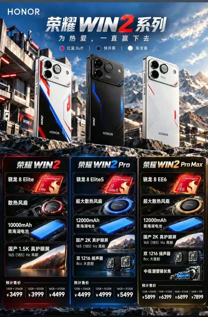 荣耀WIN2Pro官方配置曝光：骁龙8E5+国产2k屏幕+12000mAh。​