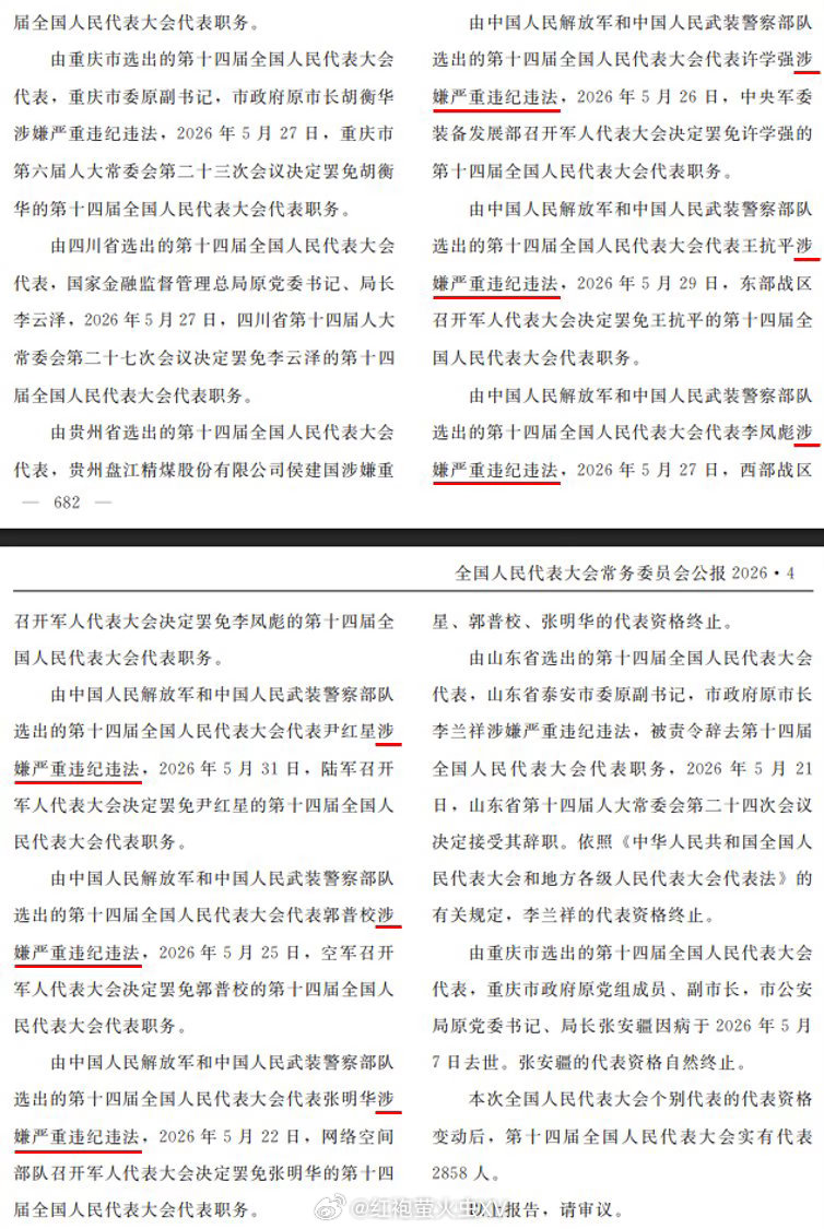 全国人大常委会8月公布的最新公报披露：三名上将许学强、李凤彪、郭普校，三名中将王